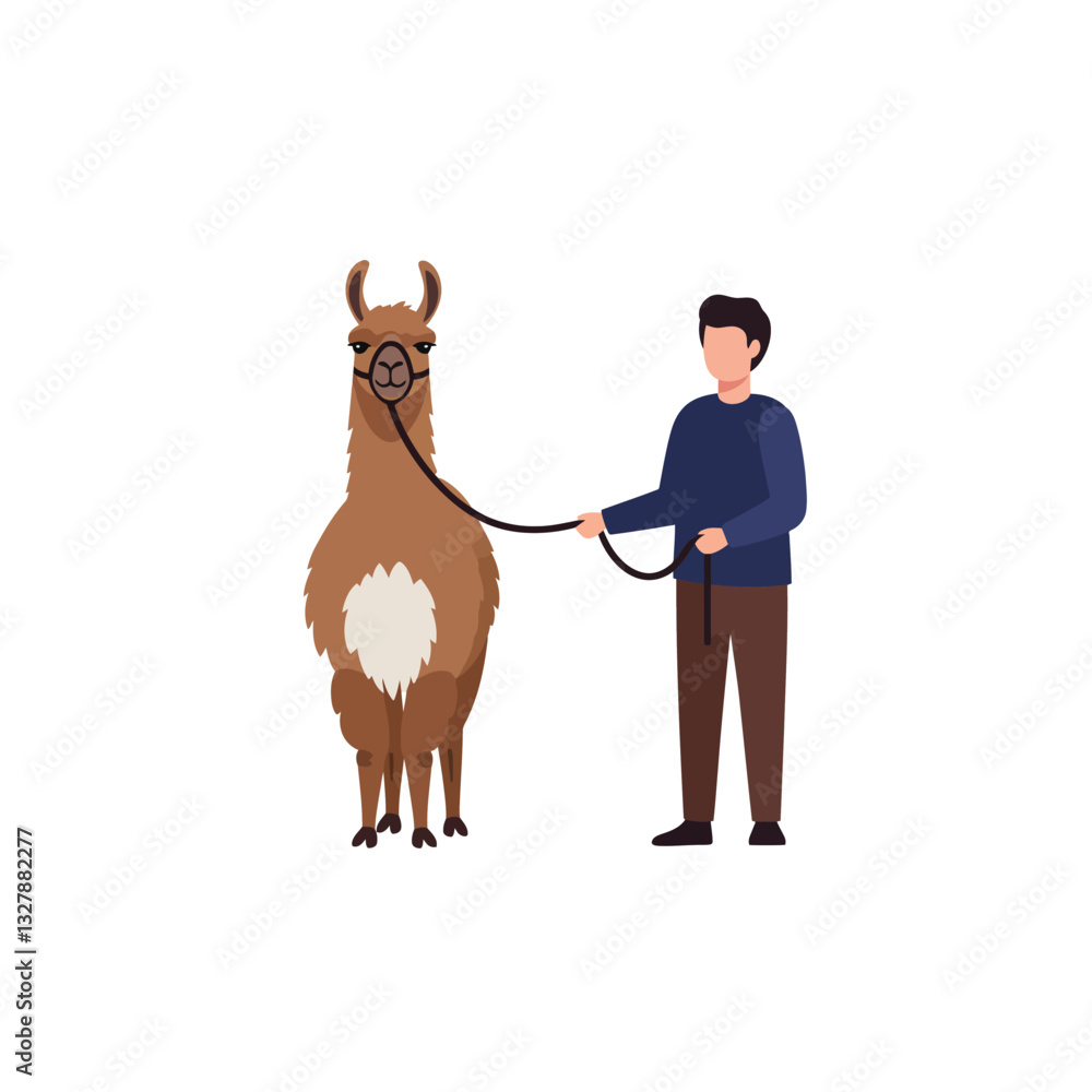 Poster person holding a llama with minimal style in flat design vector art