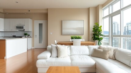 A stylish living room with a white leather sofa, polished maple wood flooring, and an open kitchen featuring white cabinets with stainless steel appliances
