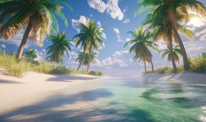 Fototapeta premium Tropical beach with palm trees, clear water, sunny sky, serene.