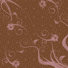 Decorative brown pattern with swirling pink floral accents and intricate circular motifs. Elegant seamless background ideal for textiles, stationery, and vintage designs.