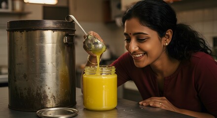 Woman smiling while pouring delicious golden ghee into a jar oil food home meal smile happy dairy