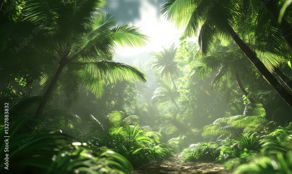 Poster lush tropical landscape with green palm leaves in the foreground, sunlight streaming through, creati