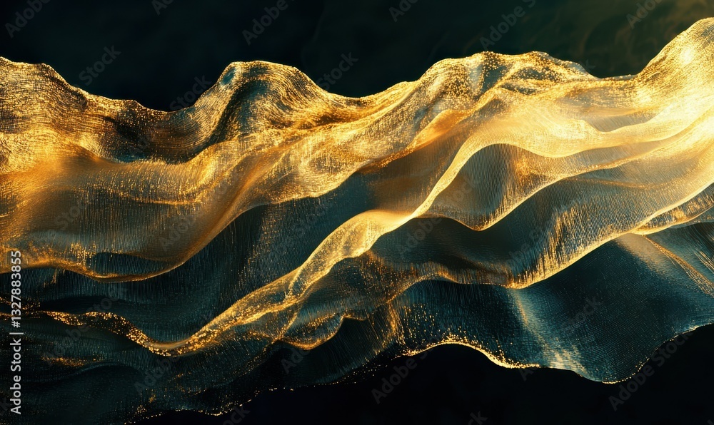 Poster luxurious flowing golden wave textures illuminated by soft ambient light forming an elegant and bold