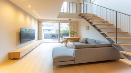 A stylish living room with light oak wooden floors, a modern gray sofa, and a minimalist TV setup