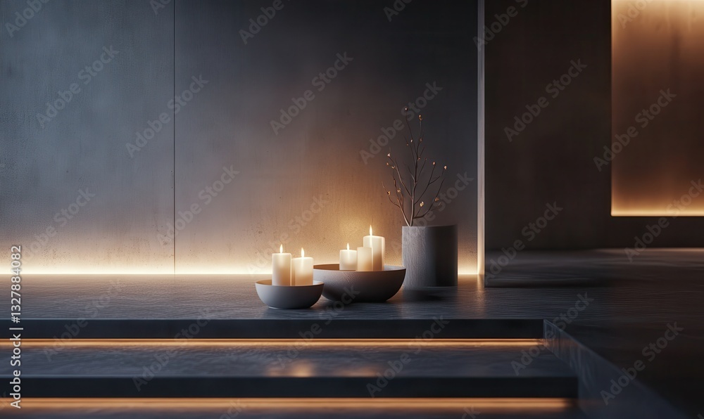 Poster minimalist modern candle setup glowing softly under ambient lighting, creating a serene and inviting
