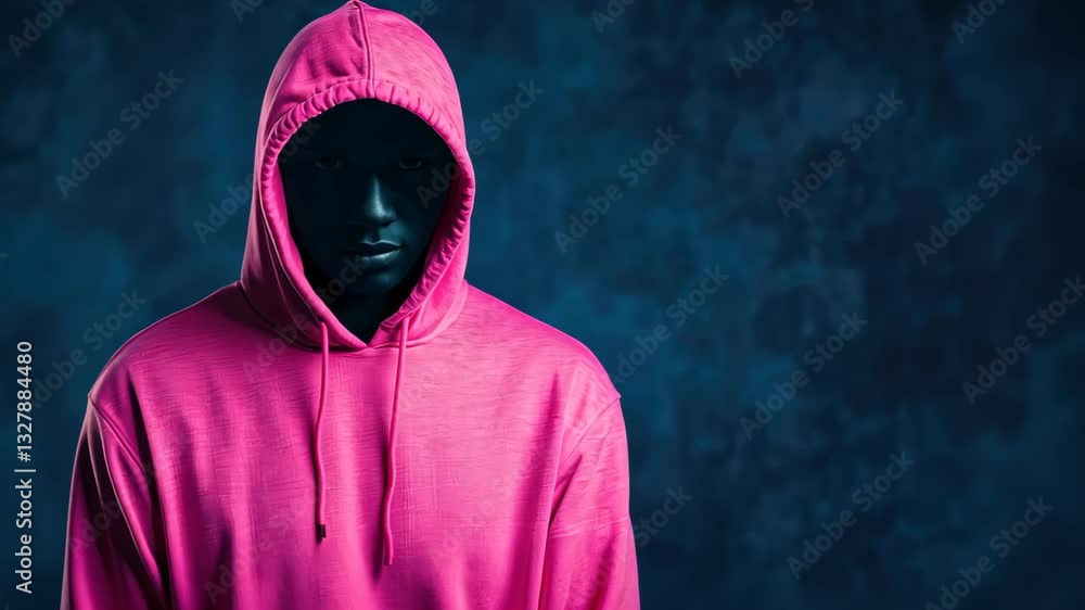 Poster anonymous hacker in pink hoodie manipulating digital stock market data on dark background symbolizin