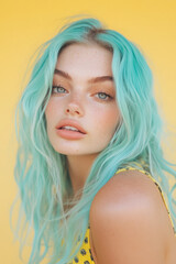 Naklejka premium Portrait of a young Caucasian woman with vibrant turquoise hair, freckled skin, and a serene expression against a bright yellow background.