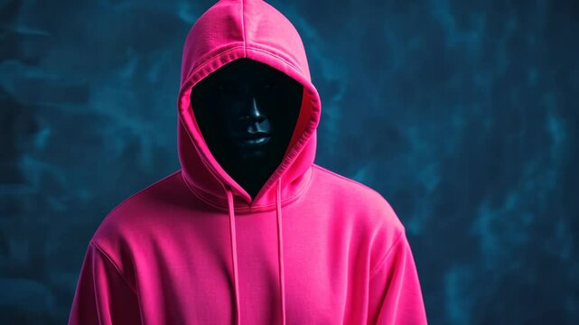 Hooded Figure in Pink Hoodie Symbolizing Cybersecurity and Anonymous Digital Presence in Front of Dark Background