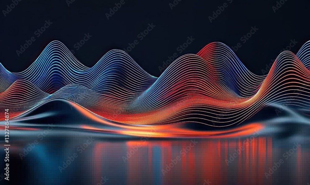 Poster abstract glowing lines form a colorful mountain range reflected in dark water