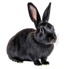 black rabbit with long ears showcasing its glossy fur and expressive eyes against a white background. rabbit's features and is suitable for educational or pet-related content