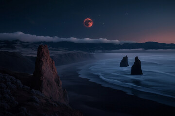 Lunar Eclipse Over a Dramatic Coastal Landscape