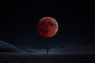 Solitary Figure Under the Lunar Eclipse