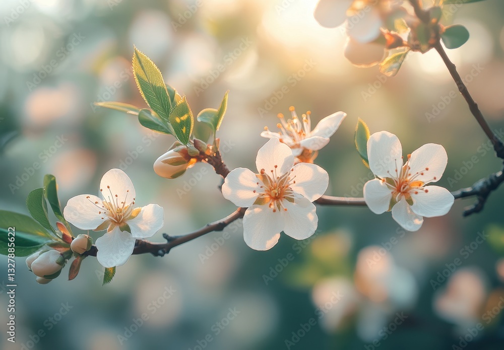 Poster delicate white blossom on branch under soft spring light with gentle background bokeh in nature sett