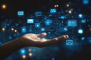 Naklejka premium A hand extends outward with glowing digital icons floating above it, symbolizing communication, technology, and connectivity in a dark environment Generative AI