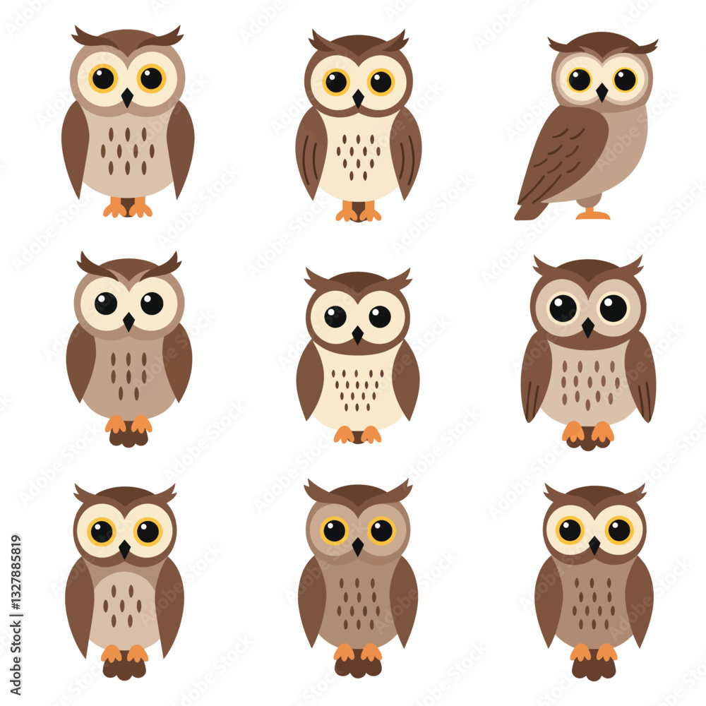 Poster cute owl characters in minimal style showcasing various expressions and poses vector illustration