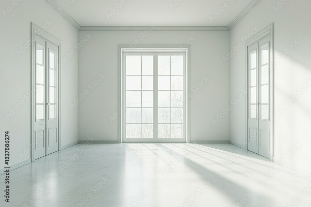 Poster a well-lit room features large, elegant windows casting soft shadows on the white walls and floor, c