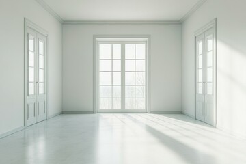Fototapeta premium A well-lit room features large, elegant windows casting soft shadows on the white walls and floor, creating an airy feel during daylight hours Generative AI