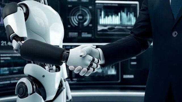 Imaginative business handshake blending computer-generated investment data charts, illustrating modernized business marketing tactics and mutually beneficial partnership agreements.