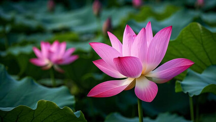 Fototapeta premium Beautiful pink lotus or water lily flowers blooming on pond background