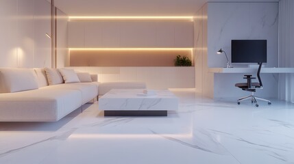 Bright and airy modern living room with a white marble floor and soft lighting creating a relaxing atmosphere