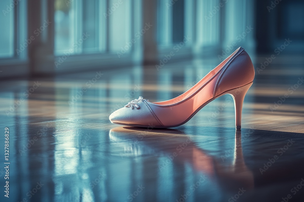 Poster a high-heeled shoe sits alone on a polished wooden floor, illuminated by soft natural light filterin