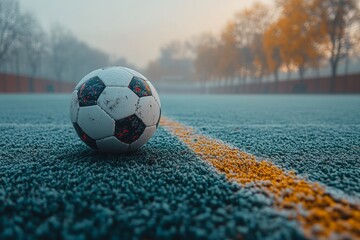 A soccer ball sits on a frozen field early in the morning, surrounded by a misty atmosphere and autumn trees, highlighting the calm before the game Generative AI