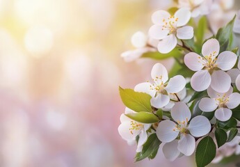 Fototapeta premium Delicate white cherry blossoms blooming in spring sunlight, showcasing soft petals and vibrant green leaves against a blurred pastel background