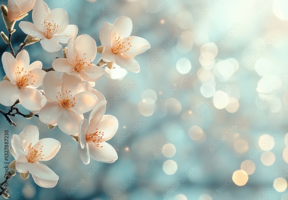 Poster delicate white cherry blossoms illuminated against a soft blue backdrop with bokeh effects creating 