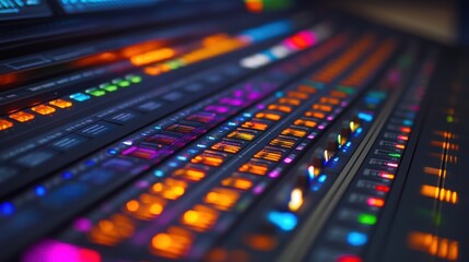 Obraz premium Colorful Control Panel of a Digital Audio Mixing Console