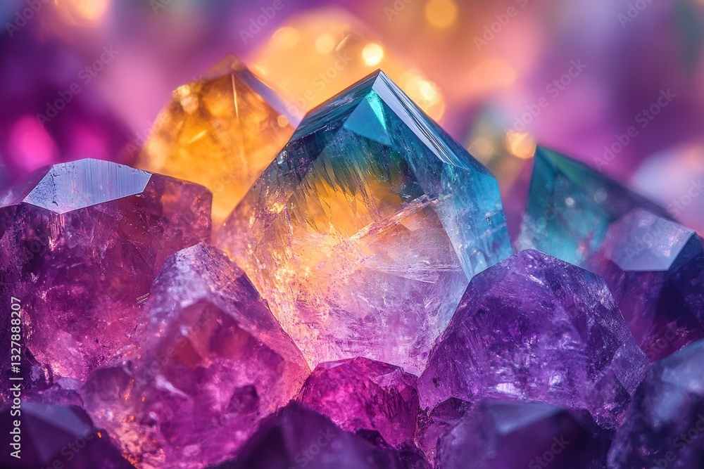Poster vibrant mineral crystals in shades of purple and blue reflect light, creating a dazzling array of co