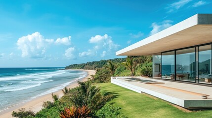 A modern beachfront property with open-plan interiors, minimalist design, and a stunning ocean view --ar 16:9 --v 6.1 Job ID: 75cb3807-6186-406a-abdf-23a6758d0f6a