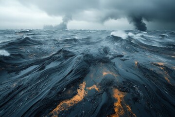 Fototapeta premium Powerful ocean waves crash against each other under dark clouds. In the distance, smoke billows from two volcanoes, adding to the dramatic atmosphere Generative AI