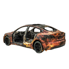 Burned Out Electric Car with Fire Isolated on Transparent Background