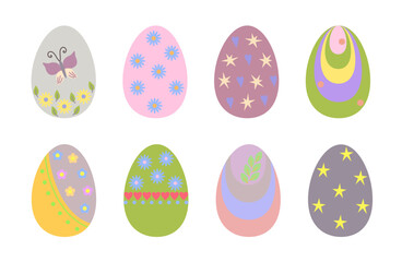 Easter egg collection colorful decorated in festive tones holiday symbol, flat style hand drawn vector illustration for spring celebration time decor, greeting cards, invitations, banners, web design