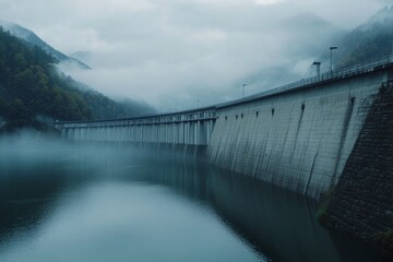 Obraz premium A serene dam stands tall against foggy mountain landscapes during morning hours, with calm waters below mirroring the misty atmosphere and solitude Generative AI