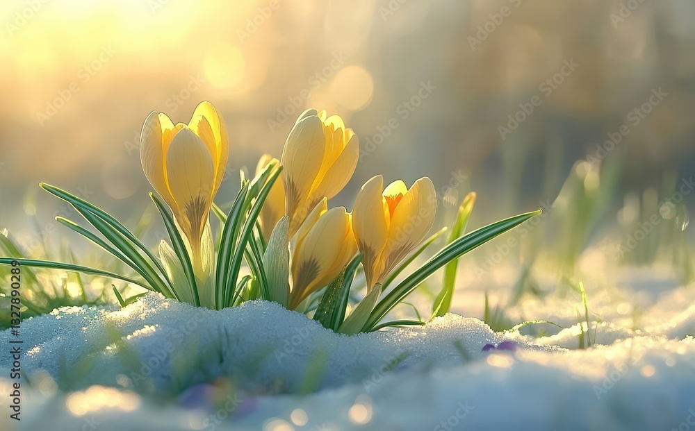 Poster delicate yellow crocuses blooming through melting snow in soft morning light with a gentle bokeh bac