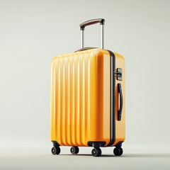 Modern yellow hard-shell suitcase with an extended handle and four wheels, isolated on a neutral background.