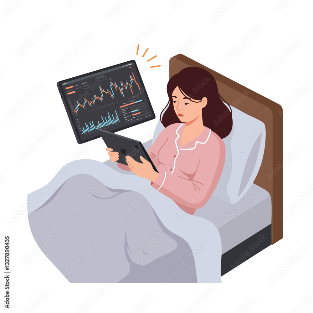 Poster woman using tablet in bed with digital screen displaying data flat vector illustration