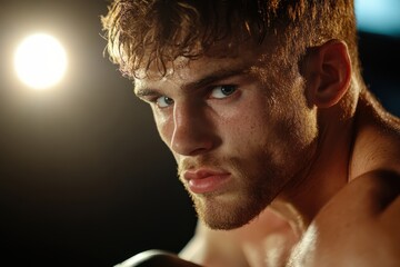 A strong fighter intensely gazes forward, with droplets of sweat highlighting the struggle and resilience, capturing the essence of determination in competitive sports.