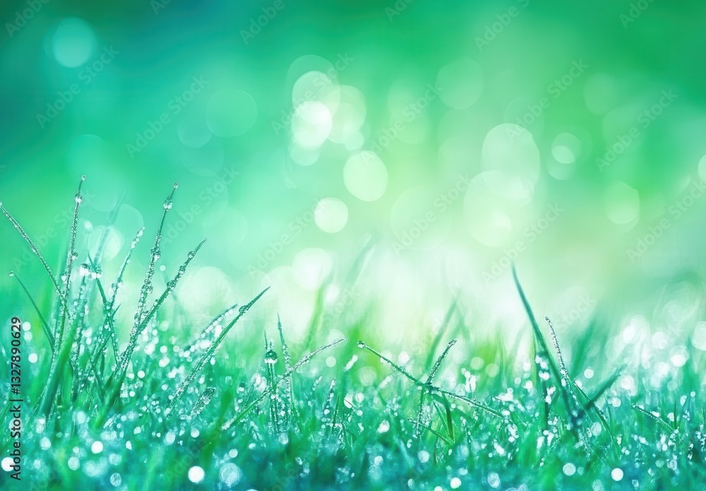 Aufkleber dewdrops on fresh green grass with soft blurred background creating a serene and refreshing nature s