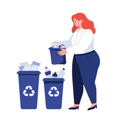 Woman sorting waste into recycling bins in flat style vector illustration