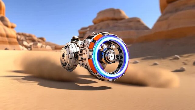 Futuristic hovercraft gliding over sandy desert terrain with rocky formations in the background