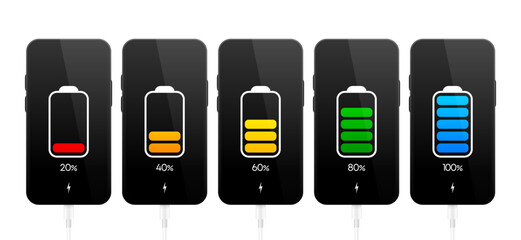 Battery Charge. Full and low power energy level. Recharge battery indicator. Vector illustration.