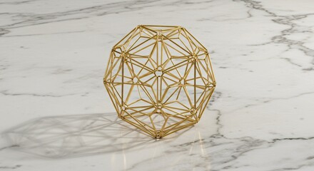 Geometric gold wireframe sculpture casting intricate shadows on a marble surface