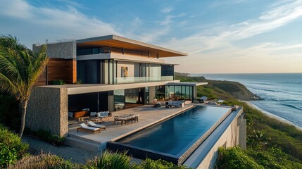 Obraz premium A modern beachfront property with open-plan interiors, minimalist design, and a stunning ocean view --ar 16:9 --v 6.1 Job ID: 75cb3807-6186-406a-abdf-23a6758d0f6a