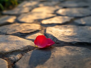 red rose petals on cobblestones: sunlight, close-up, textured path