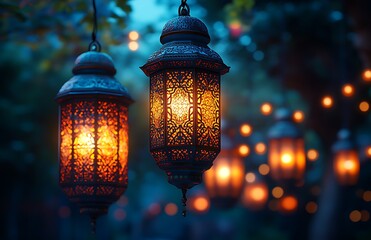 Three Intricately Designed Lanterns Glowing in a Serene Twilight Setting

