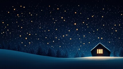 Naklejka premium A snow-covered cabin stands alone amidst a star-filled winter sky