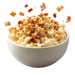A Creamy Bowl of Mac and Cheese with Crispy Bacon Bits Isolated on Transparent Background