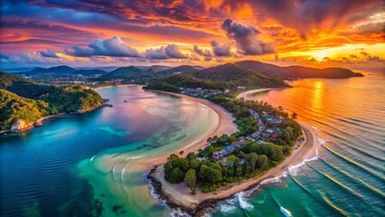 Obraz premium Kata Beach Phuket Sunset Low Tide Reef Panorama Aerial View